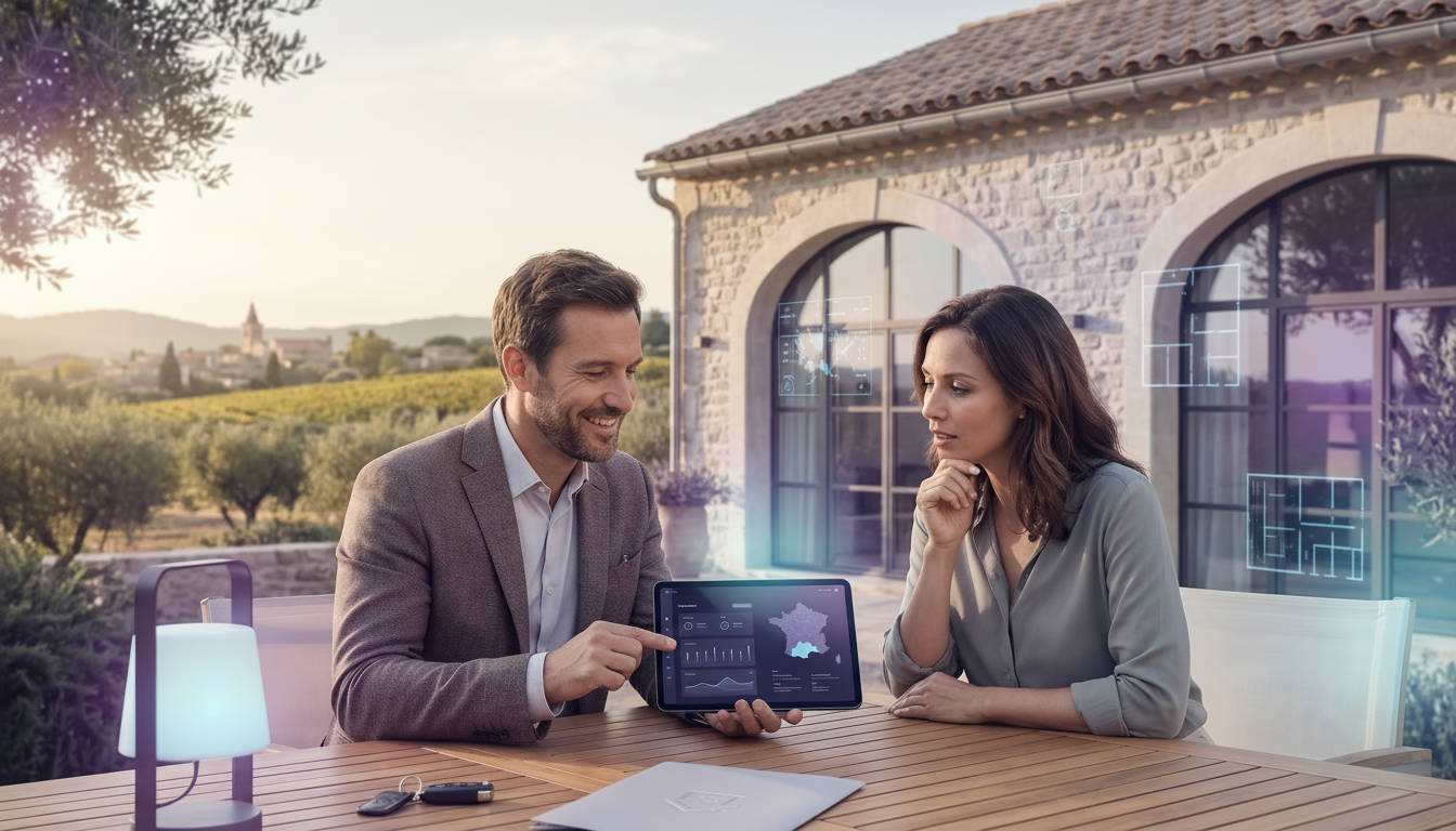 Professionnel de l'immobilier souriant et confiant, montrant des données sur sa tablette à un propri