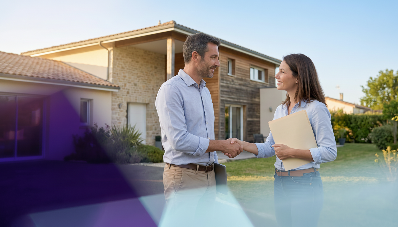Poignée de main chaleureuse entre un conseiller immobilier et un vendeur devant une maison de banlie