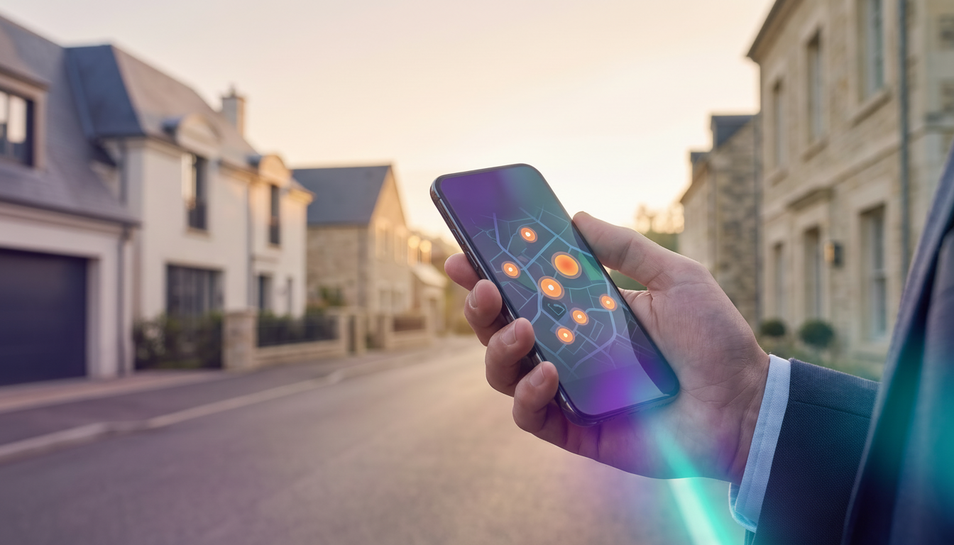 Vue en gros plan sur l'écran d'un smartphone affichant l'application ProspeMap avec des pastilles or