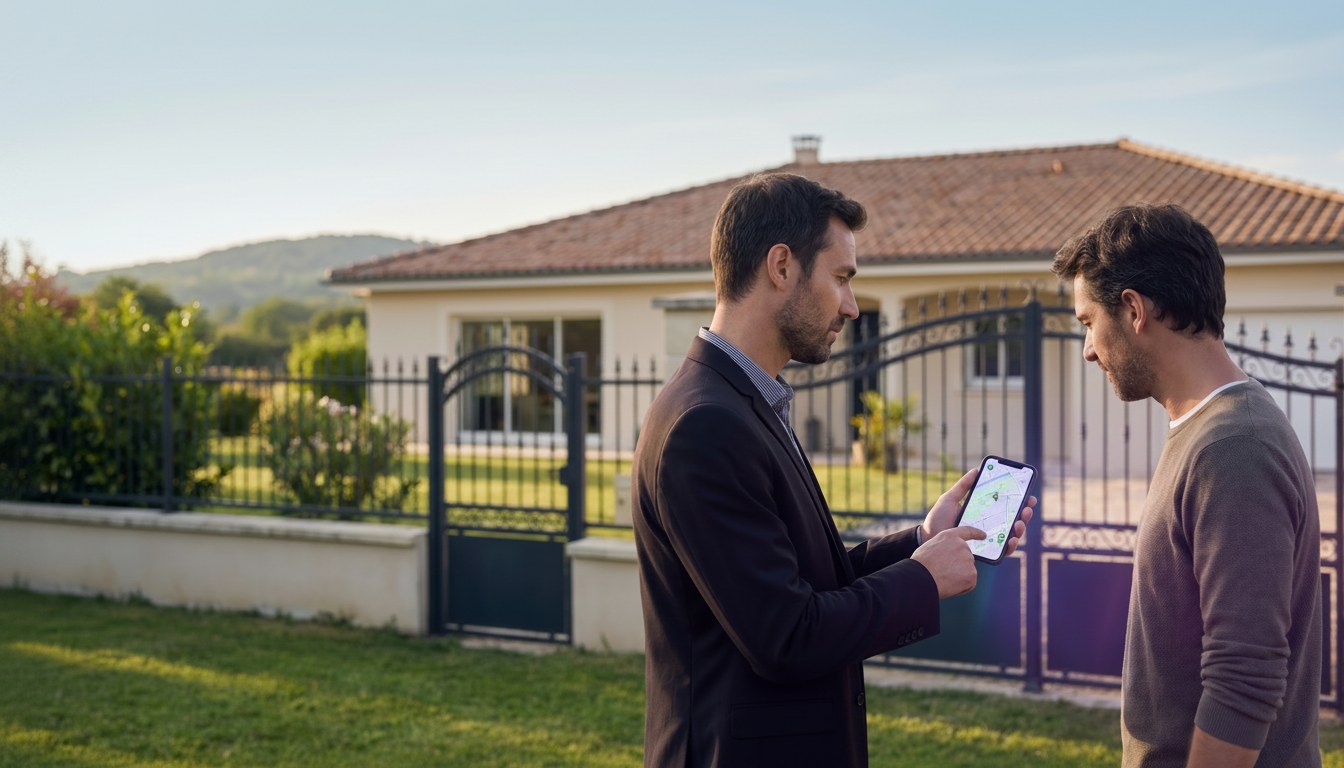 Conseiller immobilier sur le terrain de profil, montrant l'écran de son smartphone affichant une car