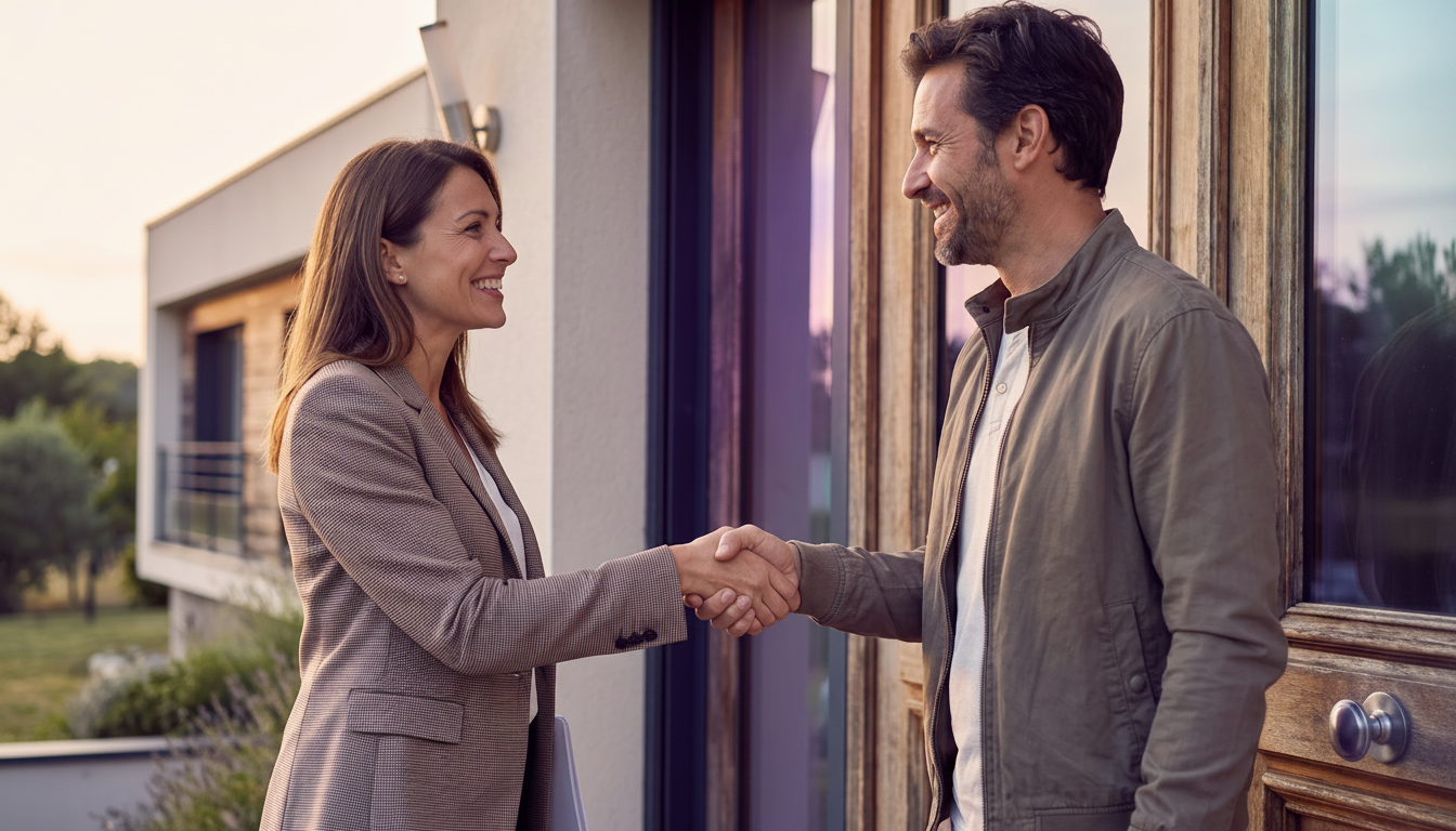 Une poignée de main souriante entre une conseillère immobilière professionnelle et un propriétaire v