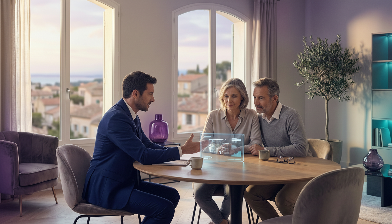 Conseiller immobilier en costume élégant assis à la table d'un salon lumineux, expliquant calmement 