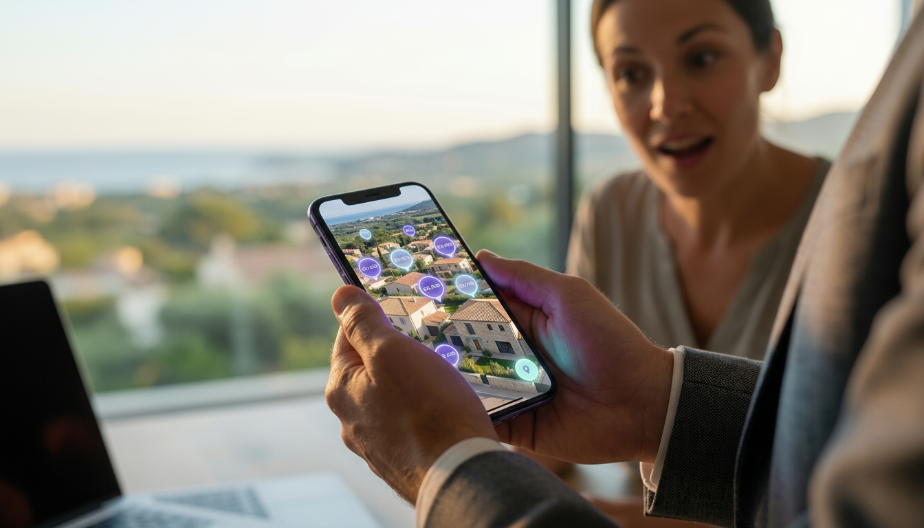 Vue rapprochée sur les mains d'un conseiller immobilier tenant un smartphone affichant l'application