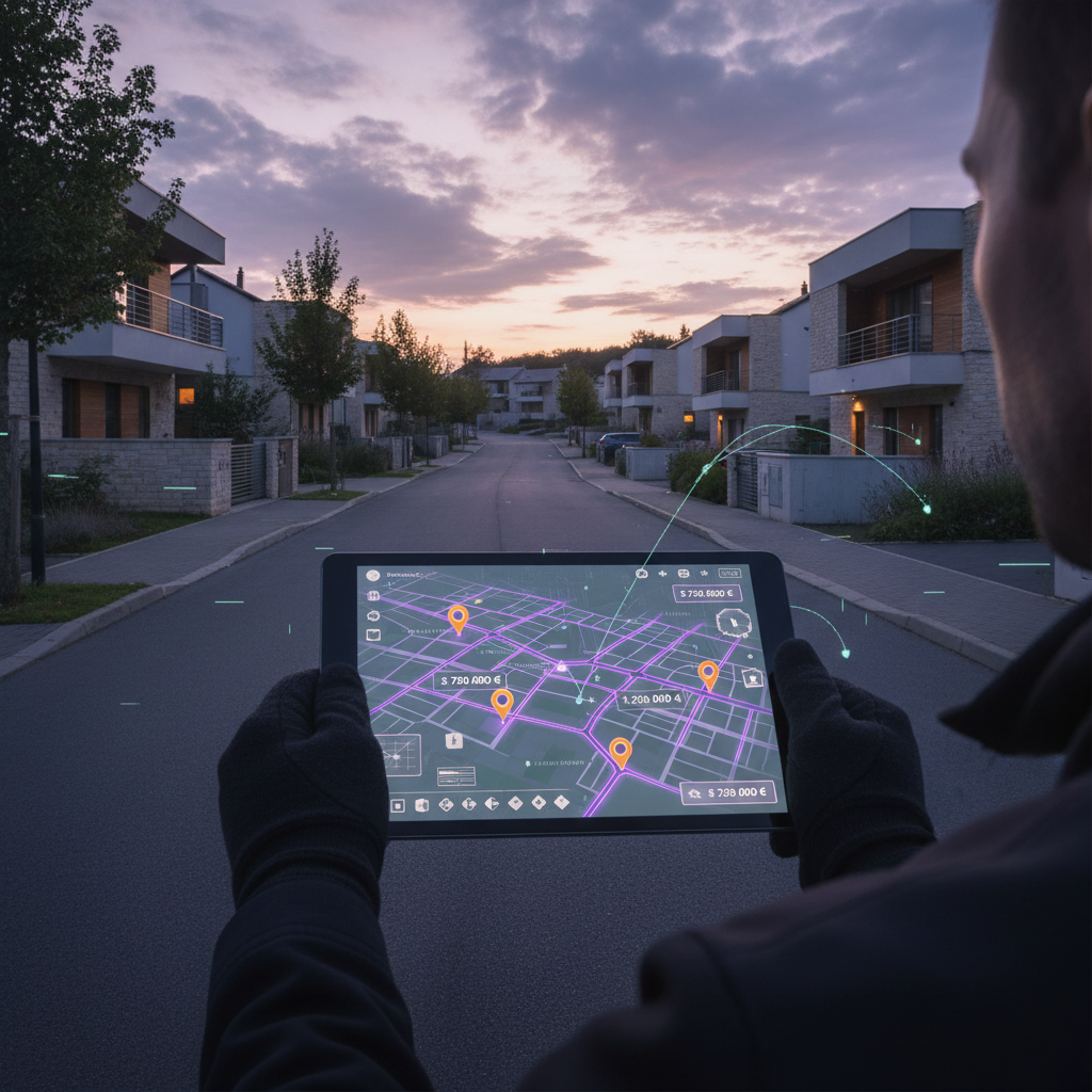 Tablette numérique affichant une carte interactive avec des marqueurs orange vifs indiquant des prix