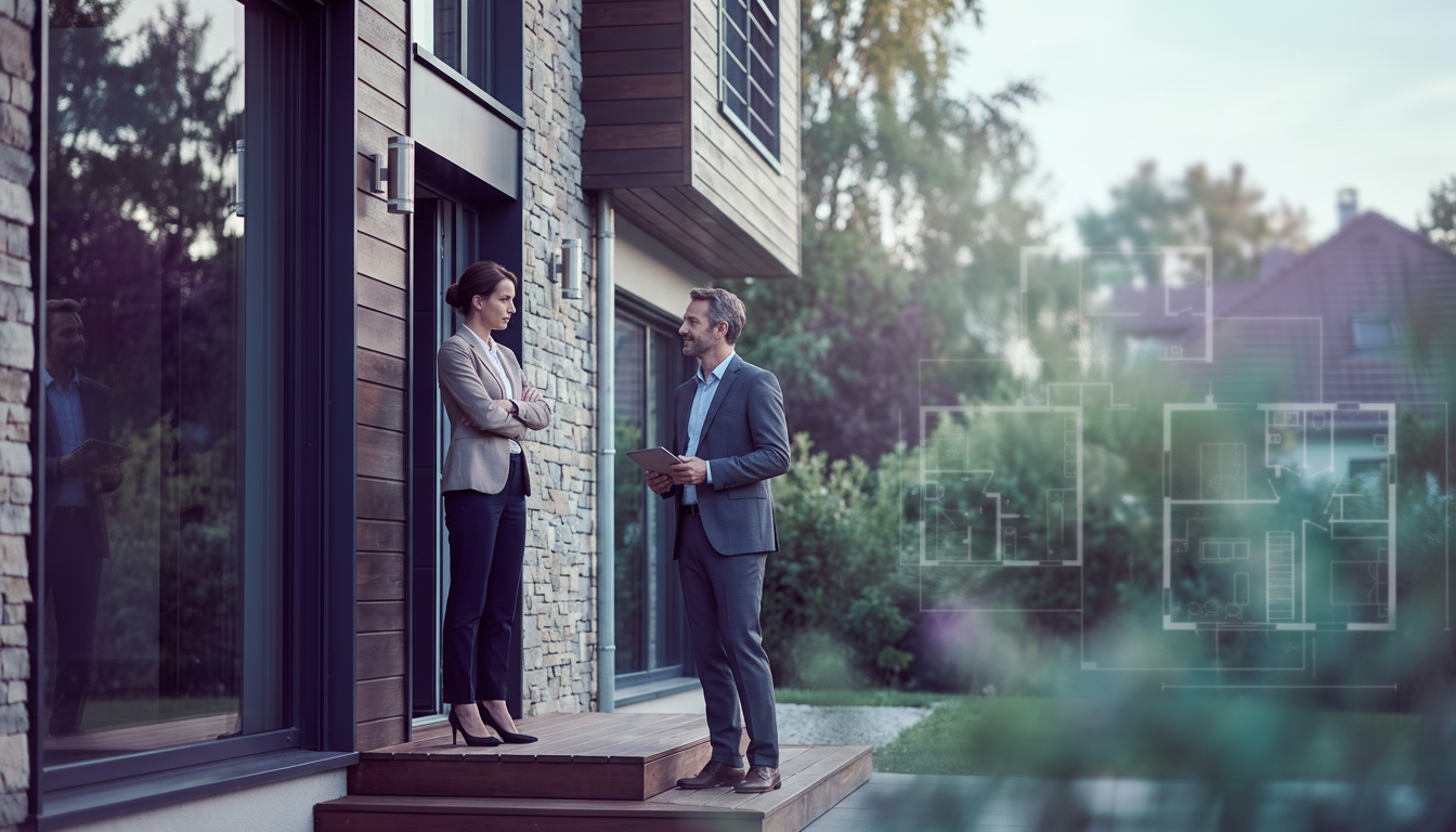 Propriétaire d'une maison de banlieue française se tenant sur le pas de sa porte avec une posture dé