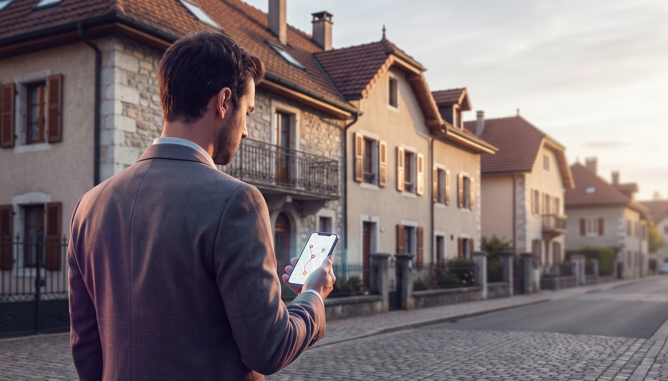 Conseiller immobilier de dos, regardant l'écran de son smartphone affichant l'application ProspeMap 
