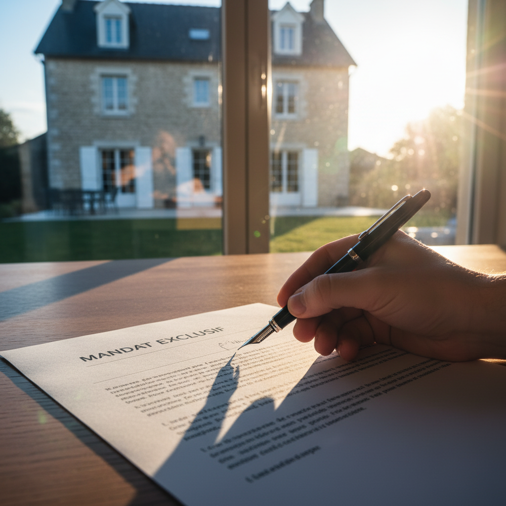 Gros plan sur un stylo de qualité posé sur un contrat de mandat exclusif immobilier, avec la main d'