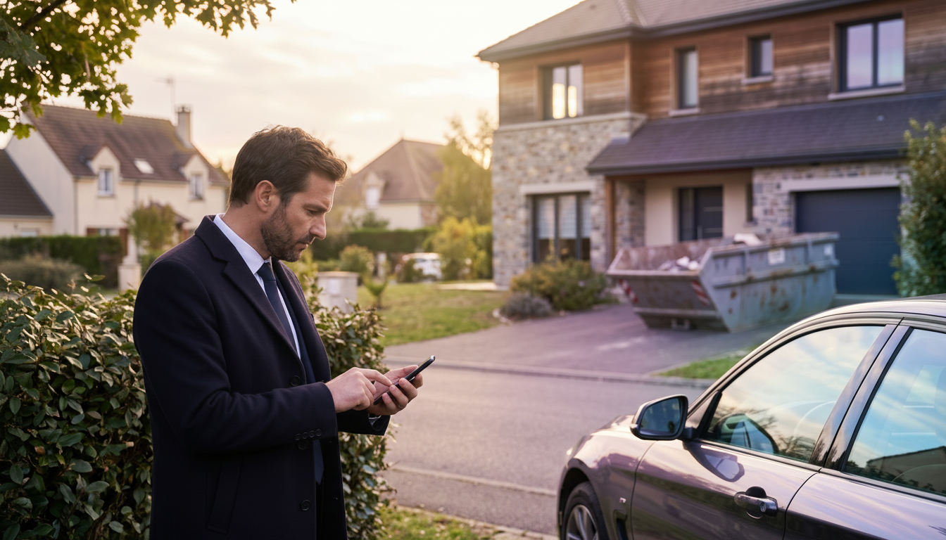 Conseiller immobilier en tenue professionnelle observant discrètement une maison de banlieue avec un