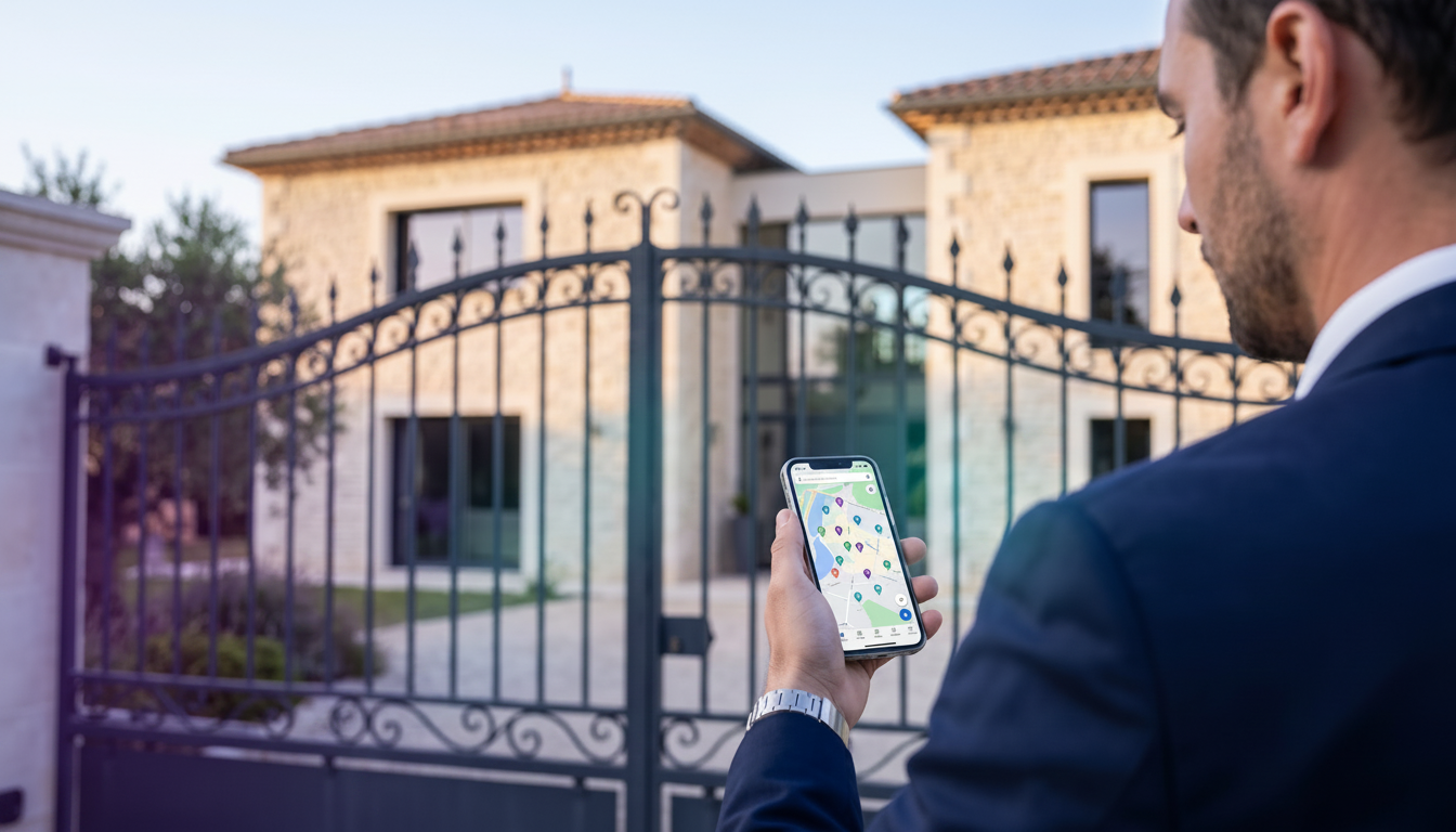 Vue rapprochée sur l'épaule d'un professionnel de l'immobilier tenant son smartphone qui affiche une