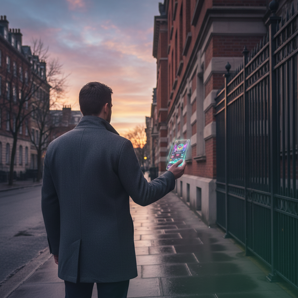 Conseiller immobilier de dos, habillé professionnellement avec un manteau d'hiver, debout devant un 