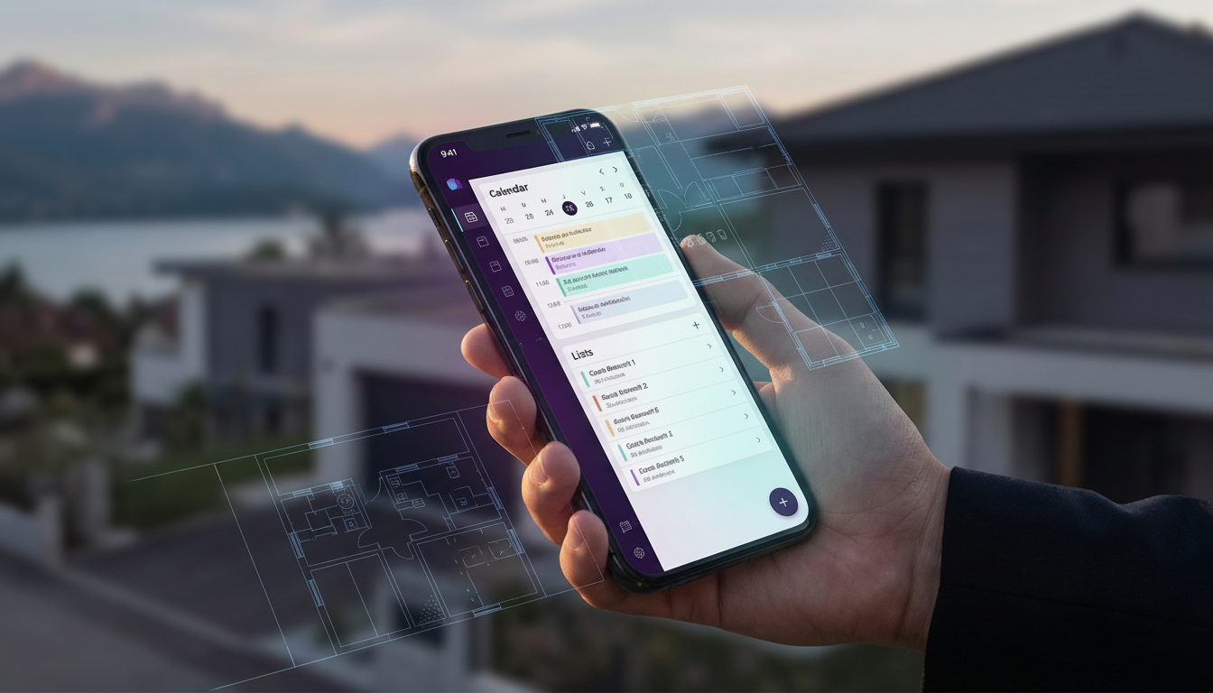 Vue rapprochée de l'écran d'un smartphone tenu par un agent commercial immobilier. L'écran montre un