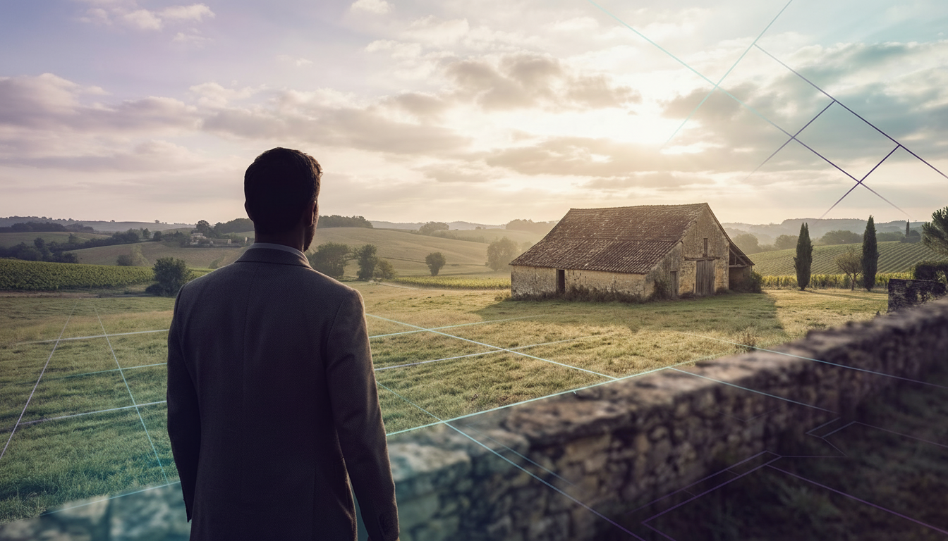 Conseiller immobilier de dos, regardant un grand terrain avec une grange ancienne à la campagne. Lum