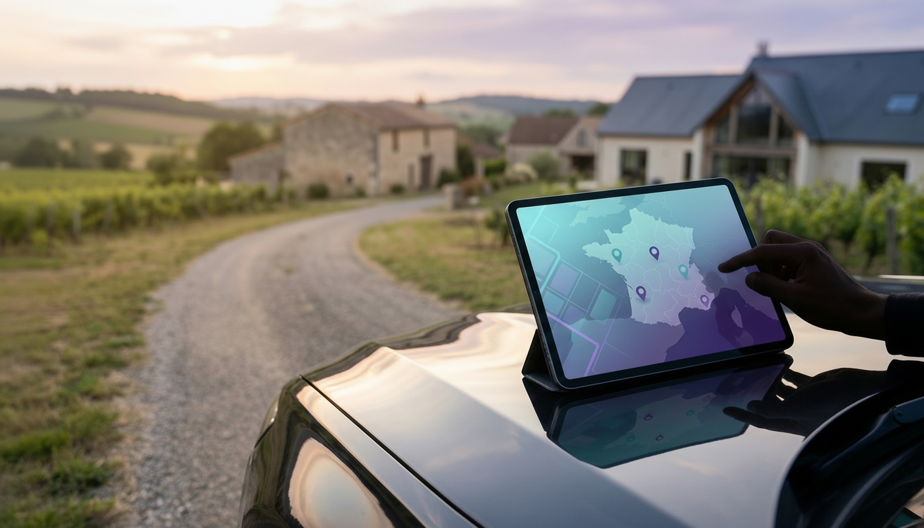 Tablette numérique affichant une carte interactive de géolocalisation avec des points de repère, pos