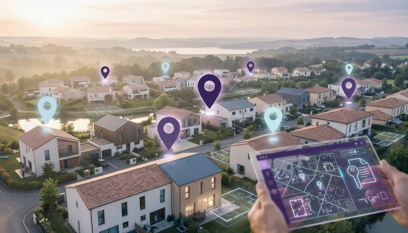 Vue aérienne stylisée d'un quartier résidentiel français moderne avec des points de géolocalisation 