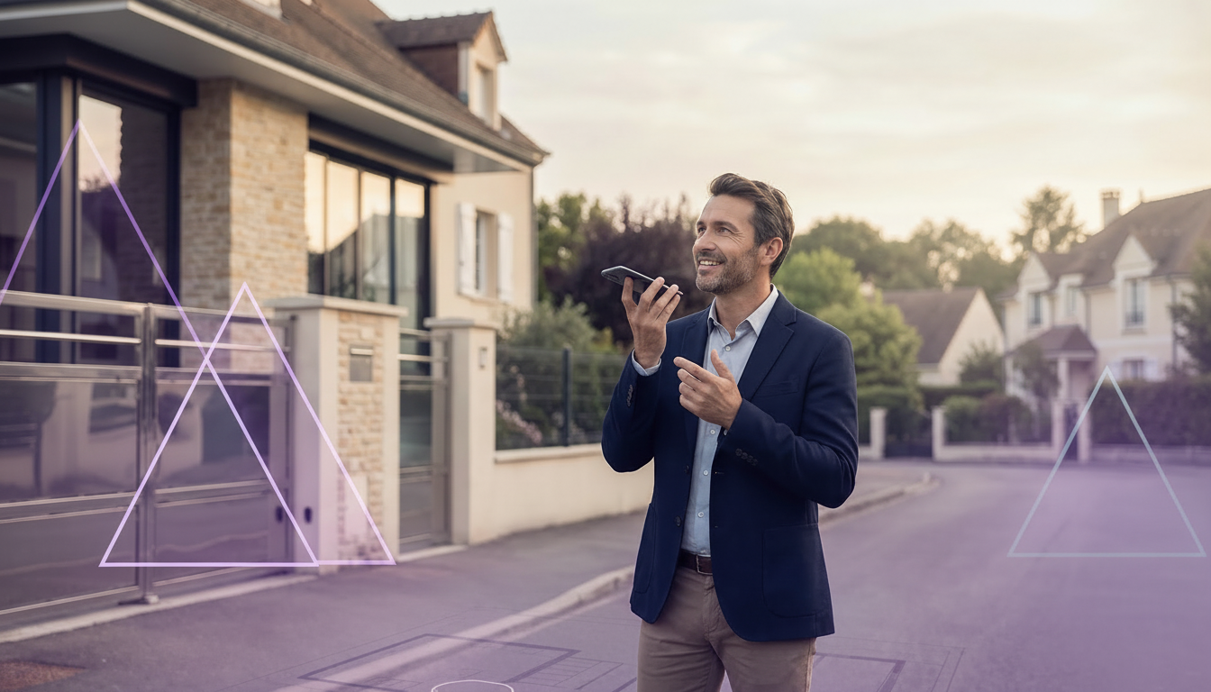 Conseiller immobilier professionnel souriant en tenue de ville décontractée, debout devant un pavill