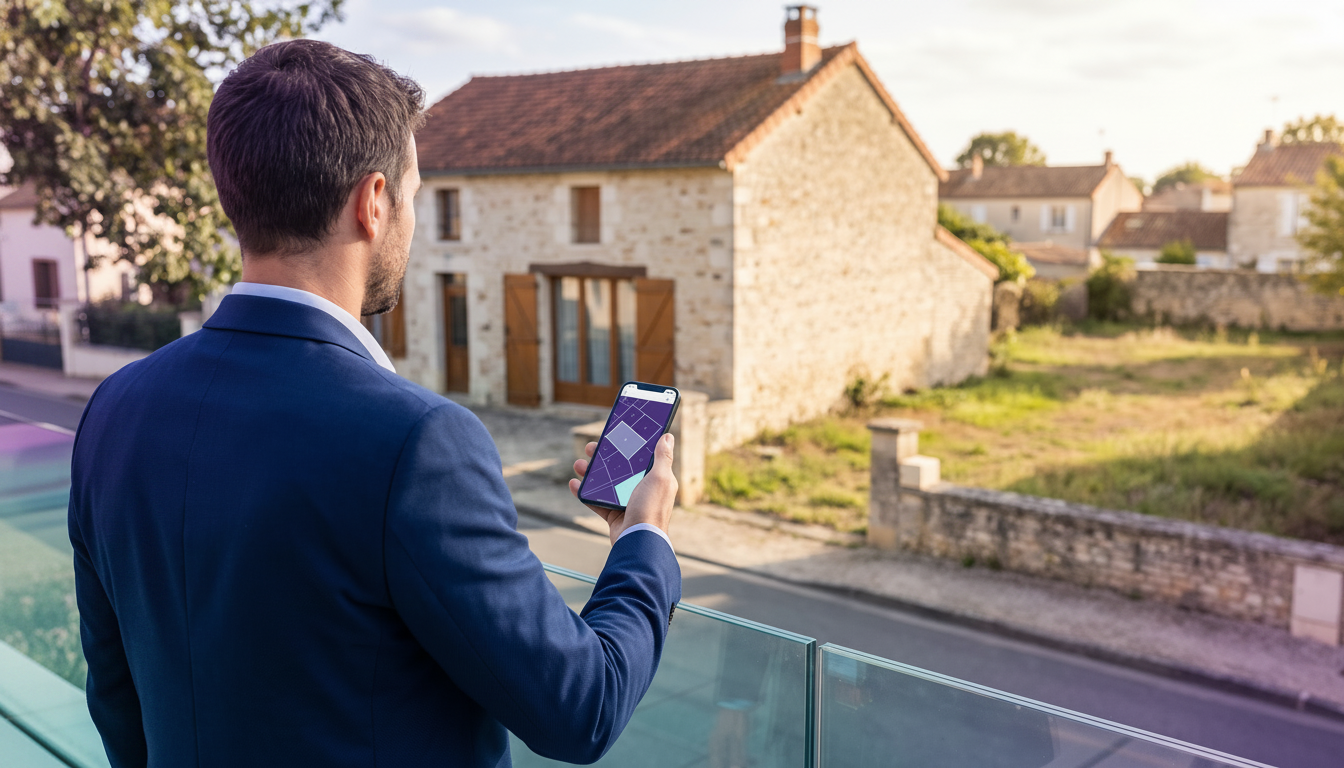 Conseiller immobilier de dos dans une rue résidentielle ensoleillée, regardant l'écran de son smartp