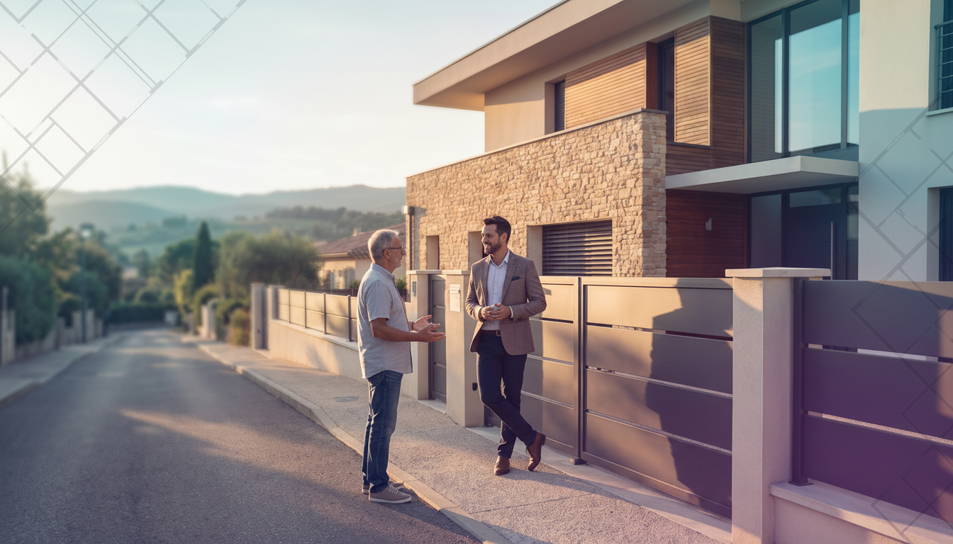 Professionnel de l'immobilier souriant, debout devant le portail d'une maison de ville à toit plat, 