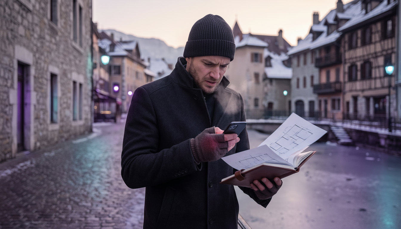 Conseiller immobilier frustré dans la rue en hiver, essayant de taper sur son smartphone avec les do