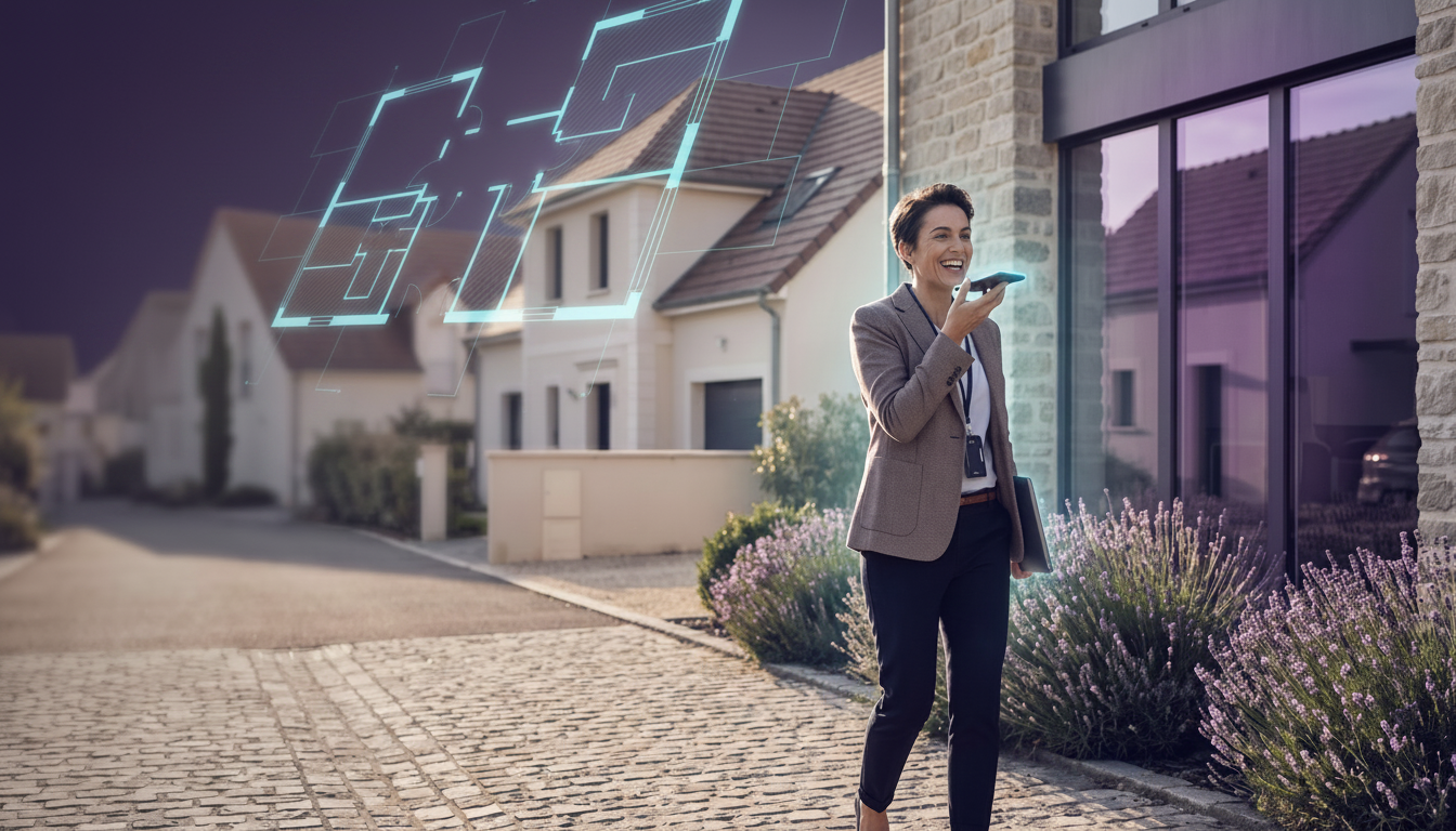Professionnel de l'immobilier souriant et dynamique marchant dans une rue pavillonnaire ensoleillée,