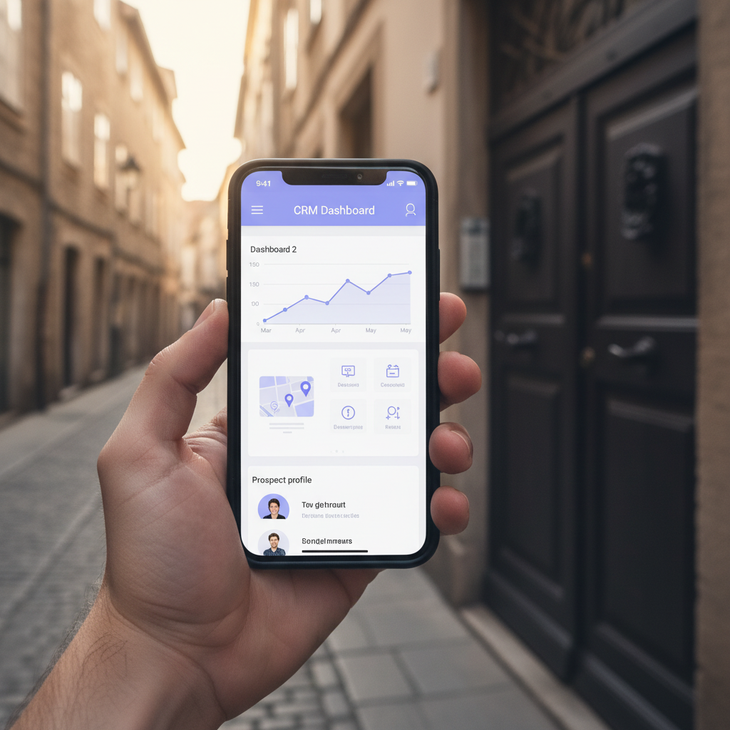 Écran de smartphone affichant un tableau de bord de CRM immobilier moderne avec des relances program