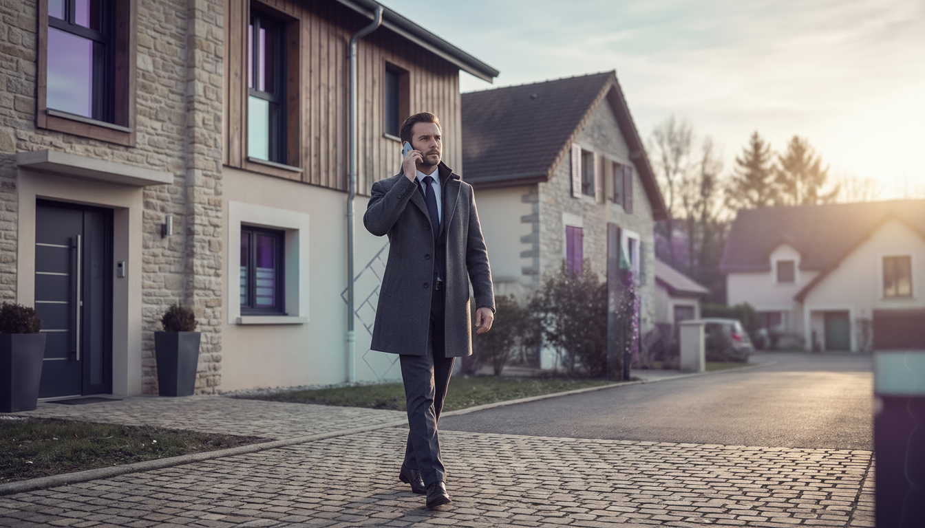 Conseiller immobilier professionnel en manteau d'hiver marchant dans une rue résidentielle pavillonn