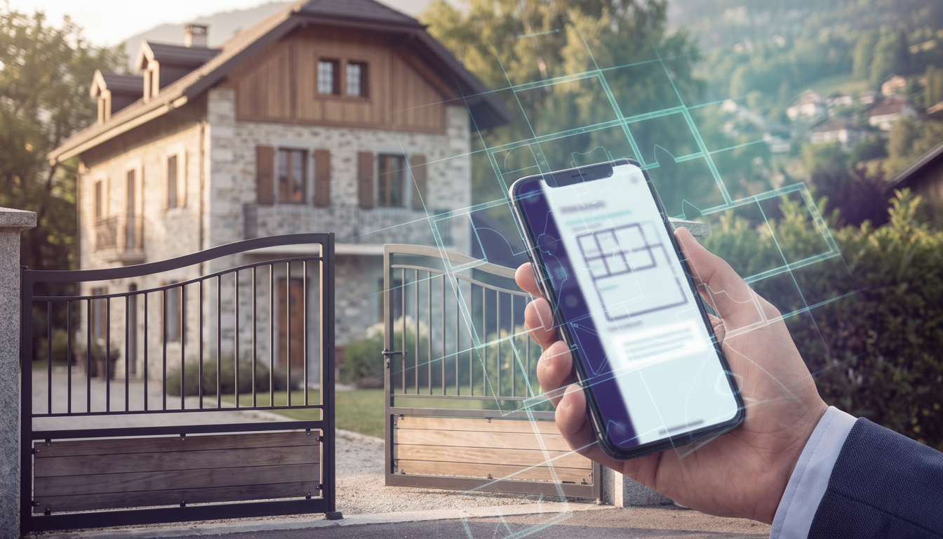 Interface moderne d'un CRM immobilier sur écran de smartphone, affichant une fiche prospect structur