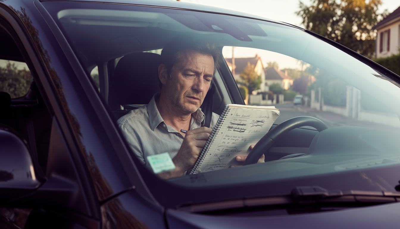 Conseiller immobilier fatigué dans sa voiture en fin de journée, essayant de relire des notes manusc