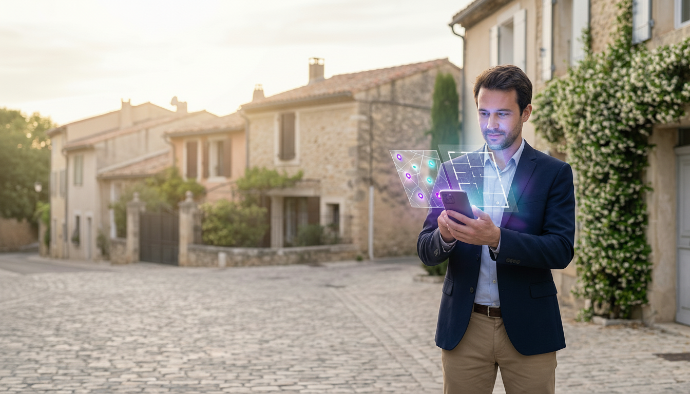 Un conseiller immobilier en tenue décontractée chic, debout dans une rue résidentielle française ens