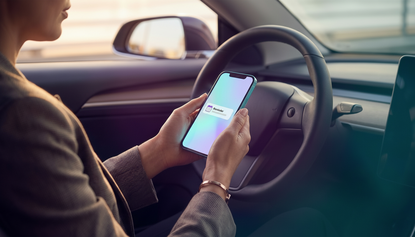 Gros plan sur les mains d'une conseillère immobilière tenant un smartphone, l'écran affiche une noti