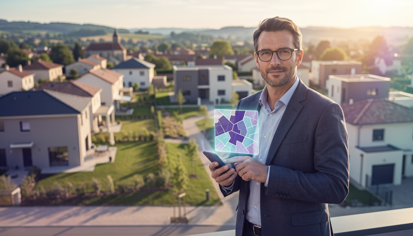 Conseiller immobilier sur le terrain, tenant un smartphone affichant une carte interactive avec des