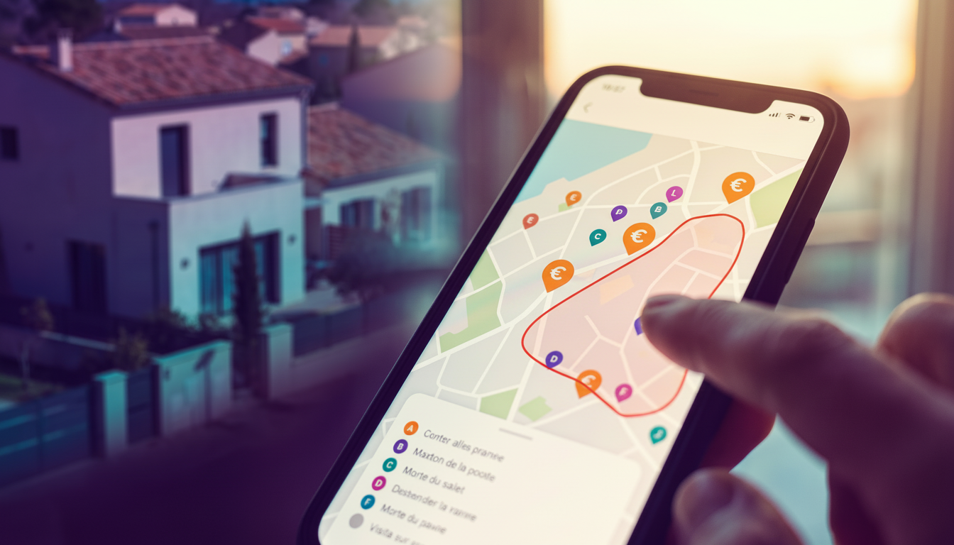 Vue rapprochée d'un écran de smartphone affichant l'interface ProspeMap, montrant une carte avec une
