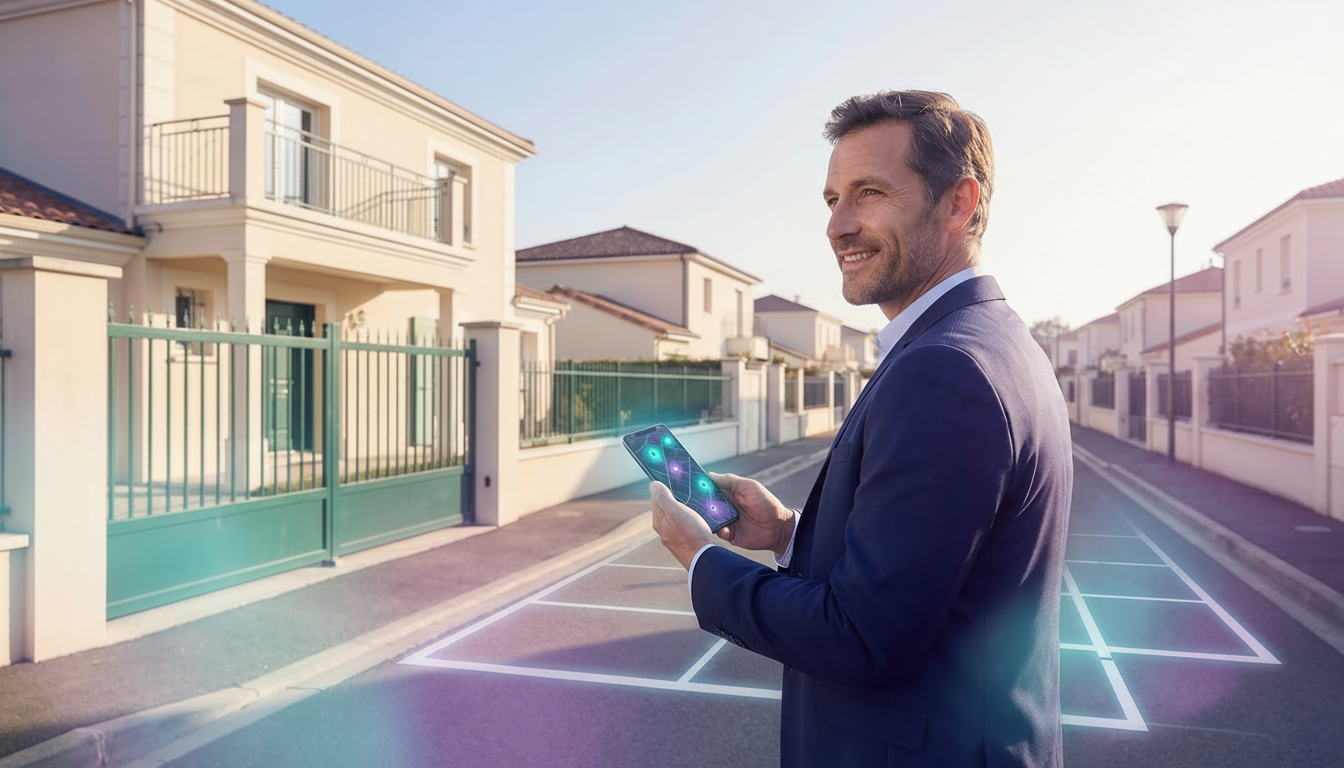Un conseiller immobilier souriant, debout dans une rue résidentielle pavillonnaire française par une