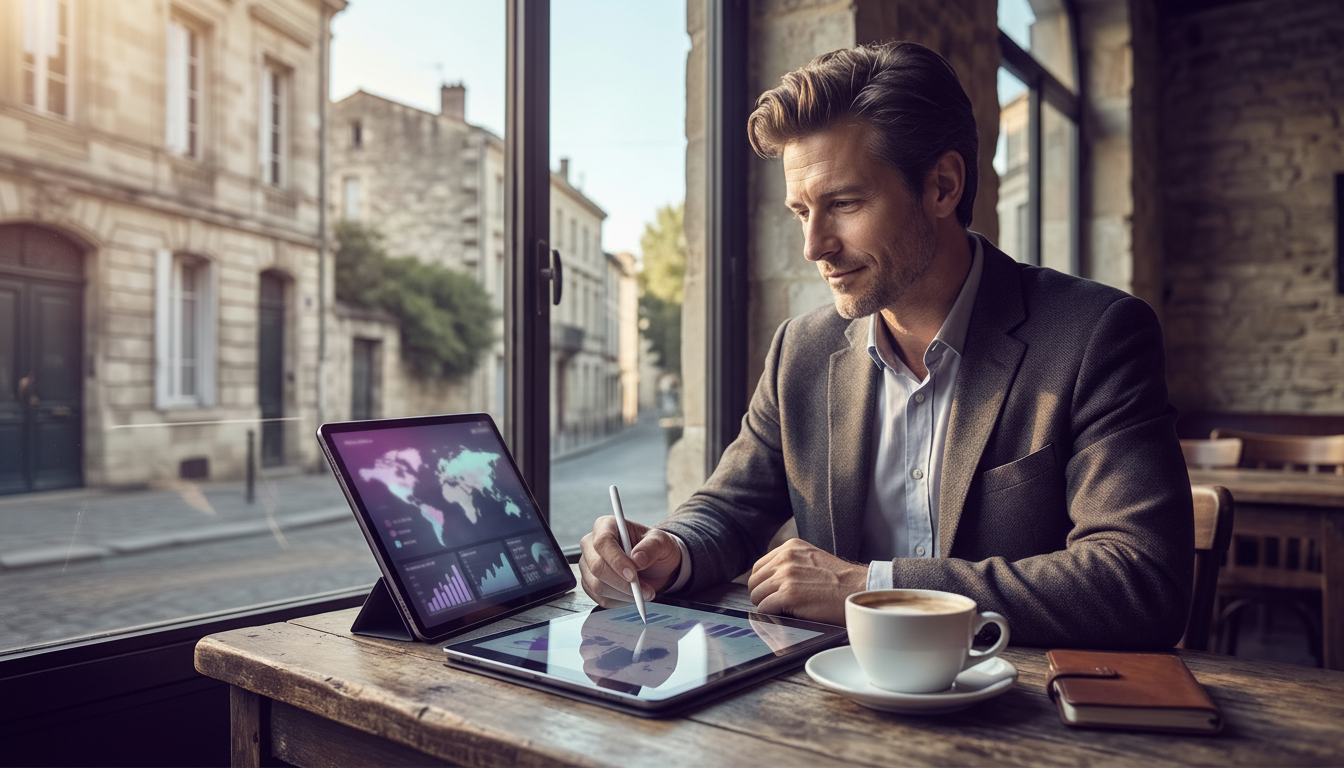 Un conseiller immobilier assis à la table d'un café de quartier chaleureux, examinant sereinement le