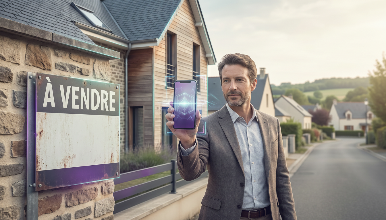Conseiller immobilier sur le terrain photographiant un panneau immobilier avec son smartphone, inter