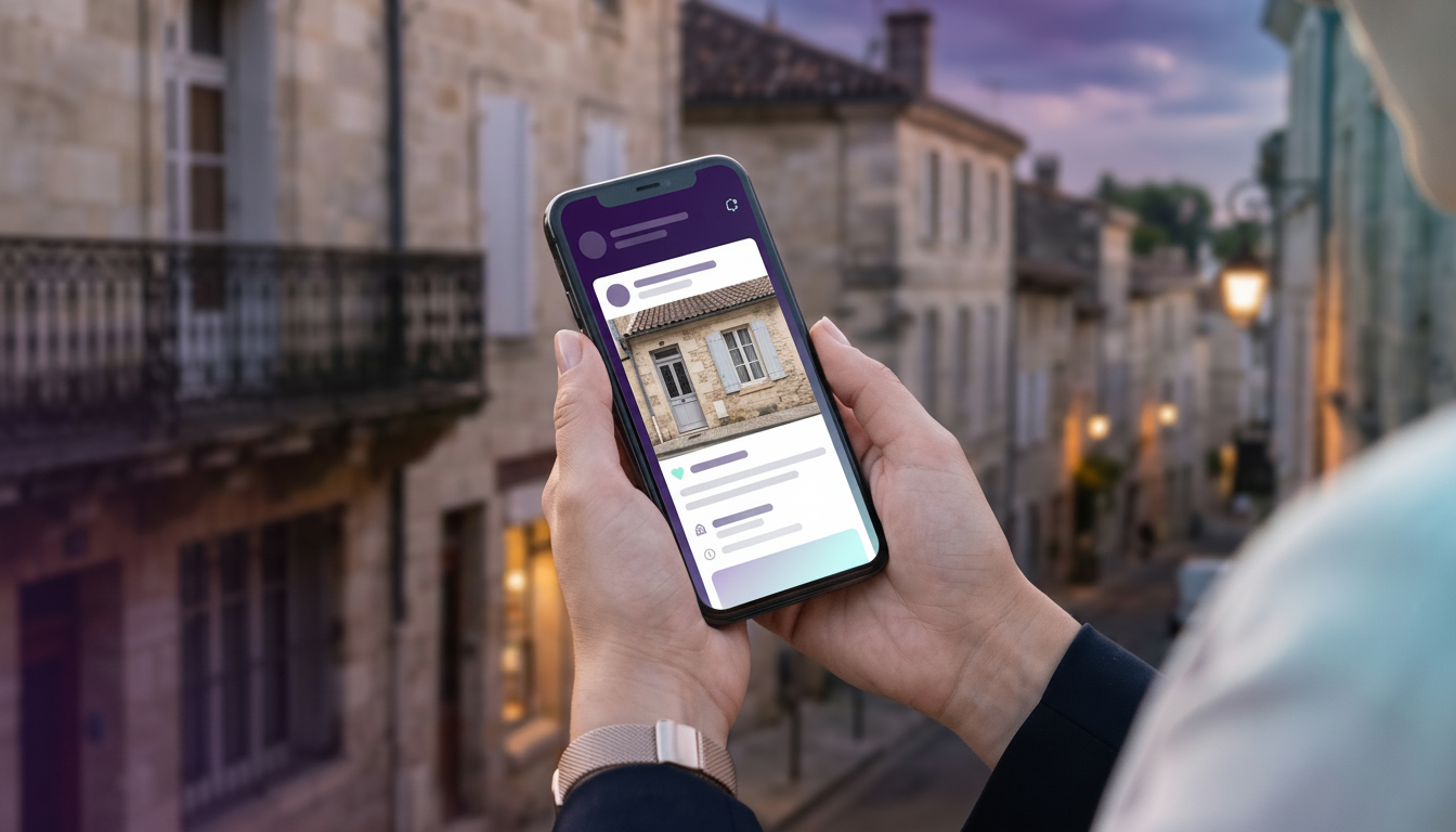 Vue en gros plan d'un smartphone affichant une fiche prospect structurée avec une photo de façade in