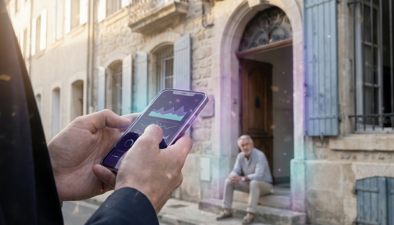 Vue rapprochée sur les mains d'un conseiller immobilier tenant un smartphone qui affiche des statist