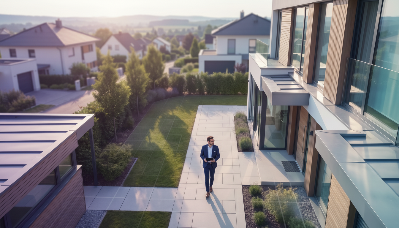 Vue en plongée d'un quartier résidentiel pavillonnaire français typique. Un conseiller immobilier ma