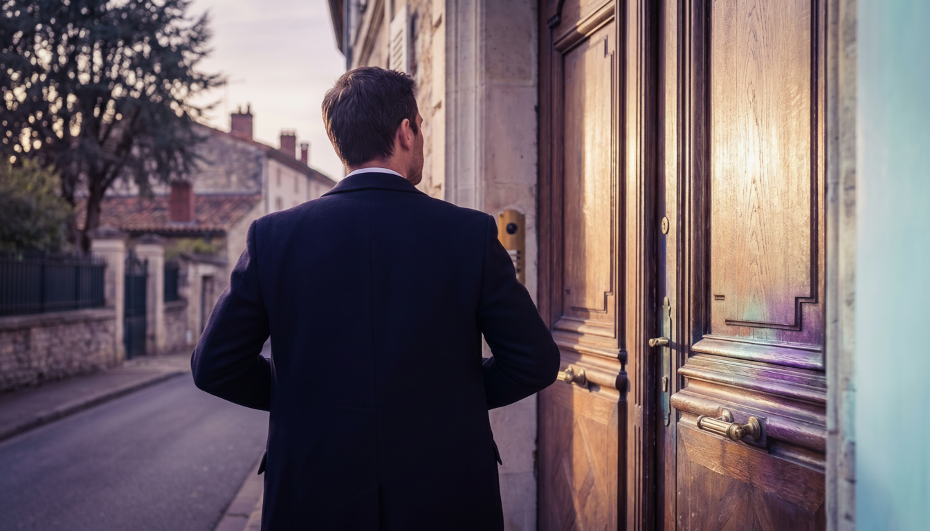 Conseiller immobilier de dos, habillé professionnellement, se tenant devant une belle porte en bois