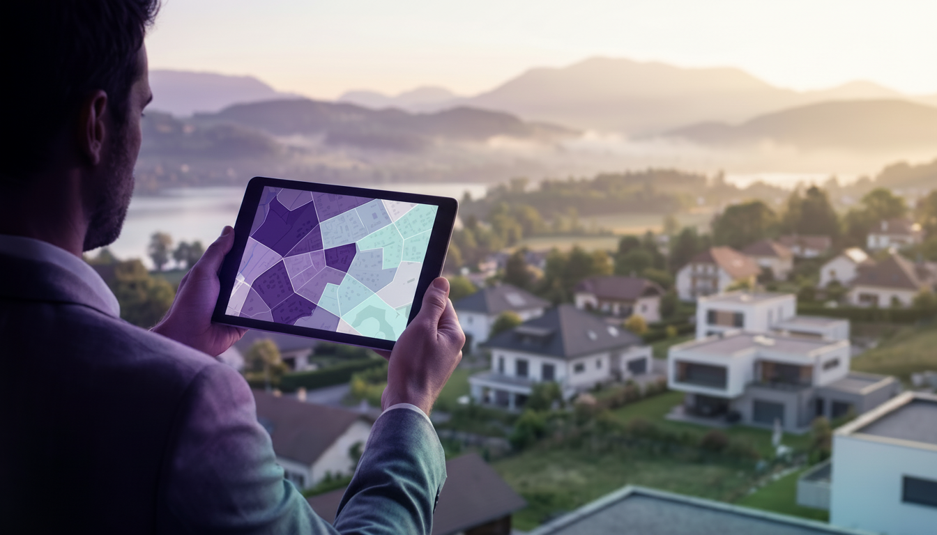 Conseiller immobilier de dos regardant une carte interactive sur une tablette numérique affichant de