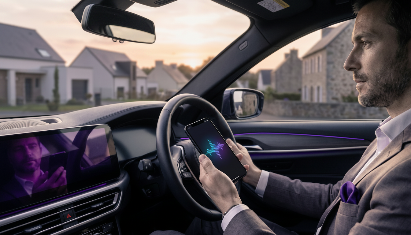 Conseiller immobilier assis dans sa voiture après une tournée de prospection, utilisant la dictée vo