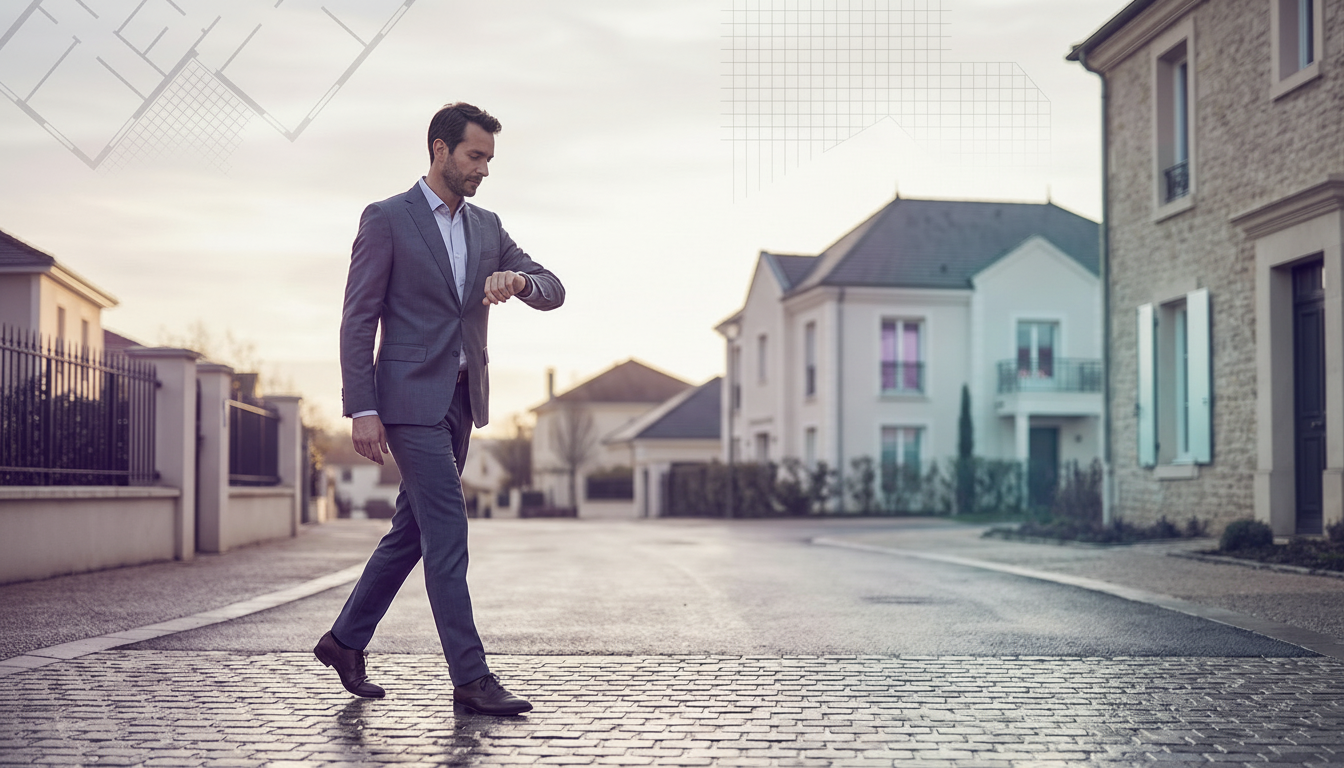 Agent immobilier indépendant marchant de manière déterminée dans une rue résidentielle française ens