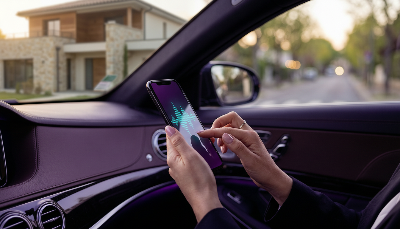 Gros plan sur les mains d'une conseillère immobilière utilisant son smartphone dans sa voiture garée