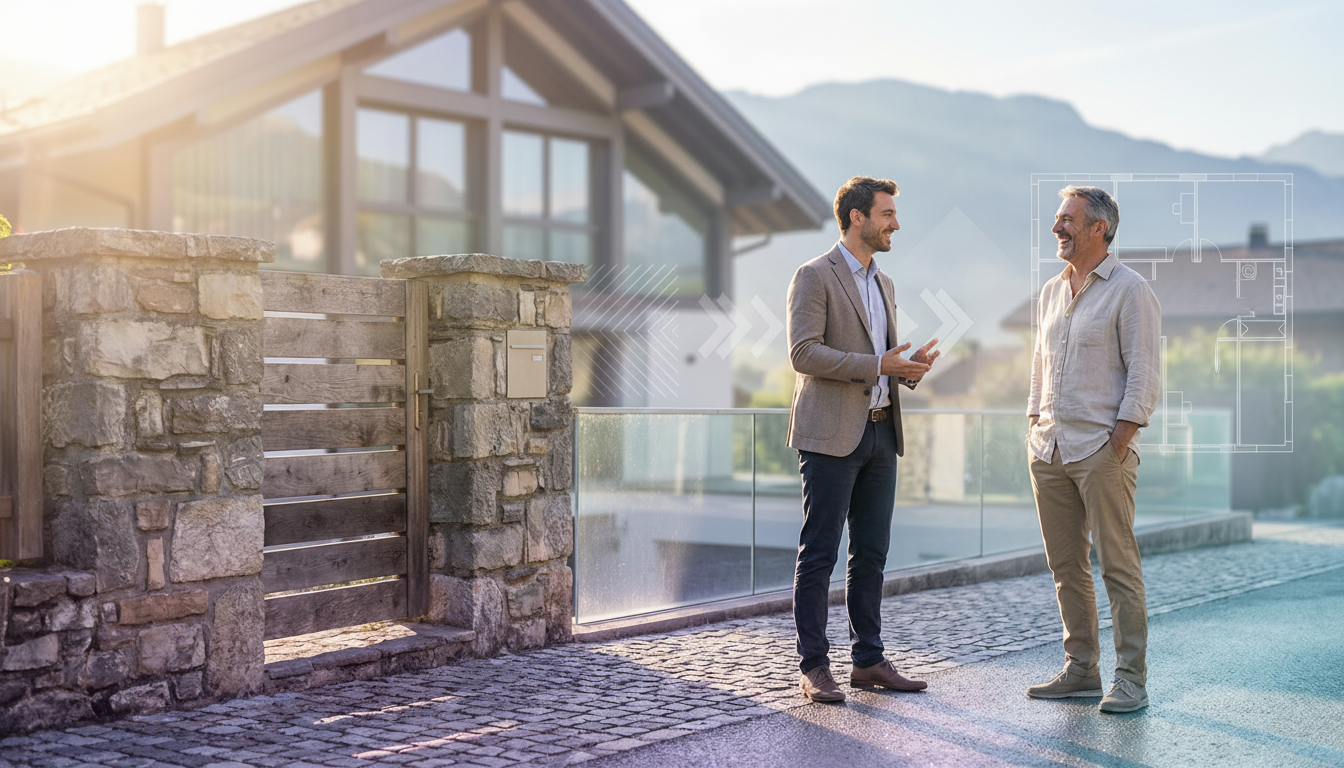 Agent immobilier souriant et détendu discutant devant un portail de maison individuelle avec un prop