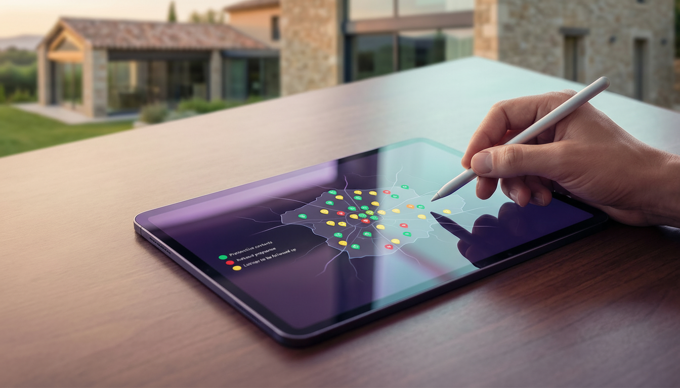 Vue en plongée sur une tablette affichant une carte interactive de quartier avec des marqueurs de co