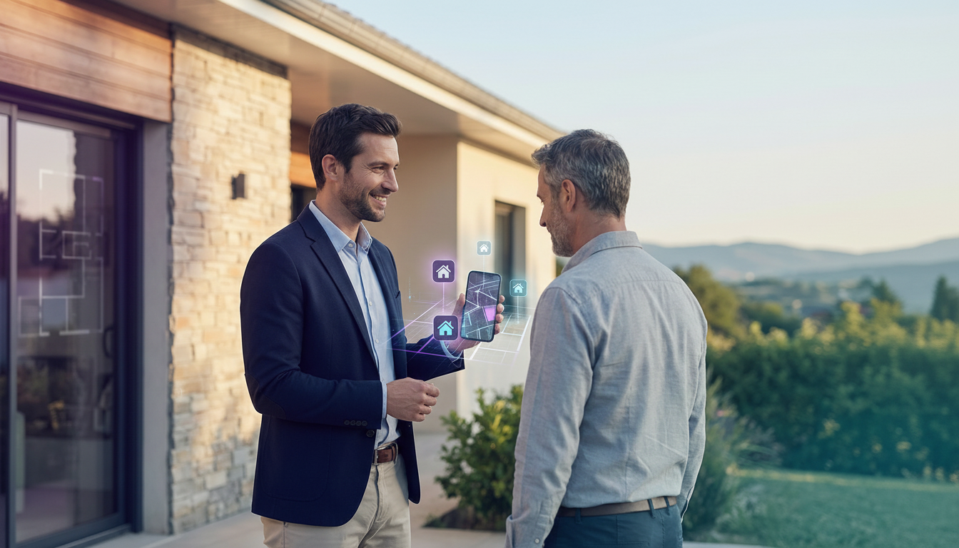 Conseiller immobilier souriant en tenue décontractée chic, discutant avec un propriétaire devant un 