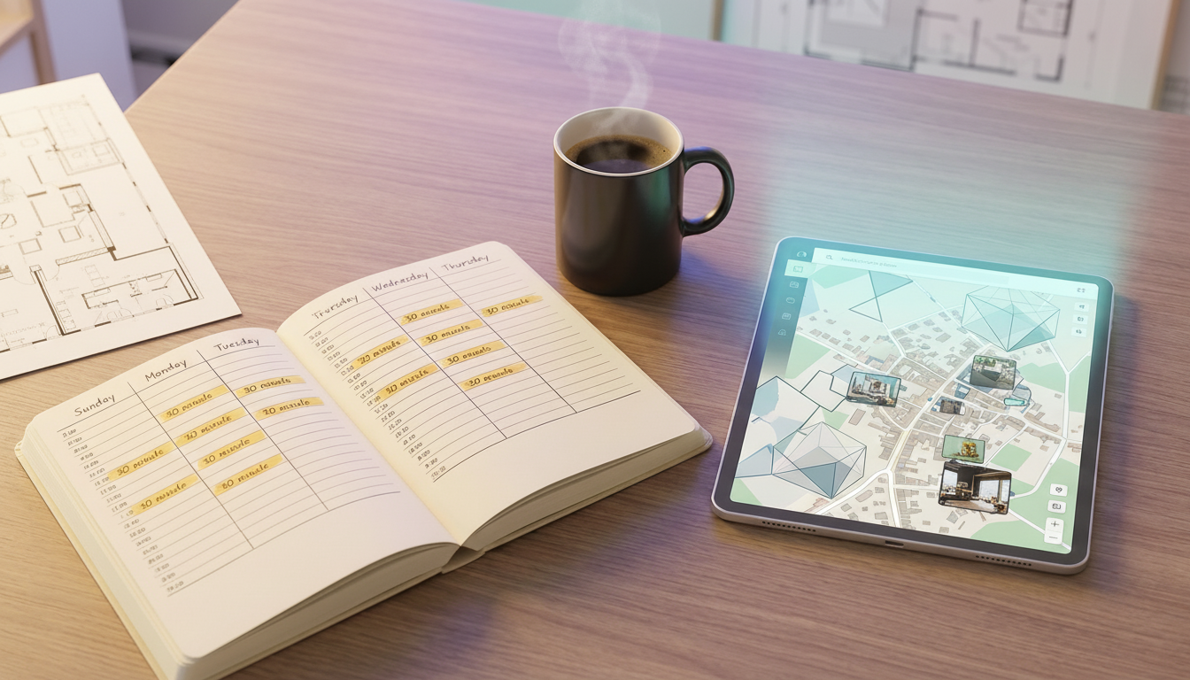 Vue de dessus d'un bureau organisé avec un café fumant, un carnet de notes ouvert montrant un planni