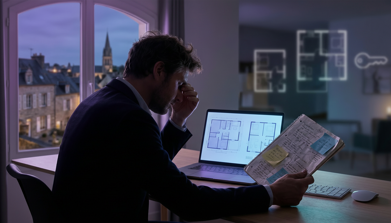 Un conseiller immobilier frustré, assis à son bureau tard le soir, éclairé par la lumière de son écr