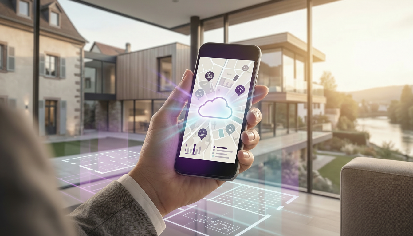 Un smartphone affichant l'interface moderne de l'application ProspeMap dans la main d'un conseiller 