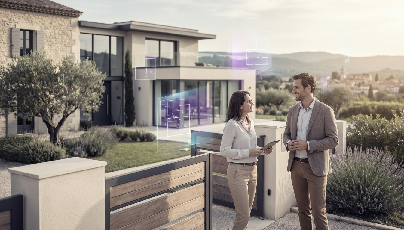 Conseiller immobilier souriant en tenue professionnelle décontractée, discutant amicalement avec un 