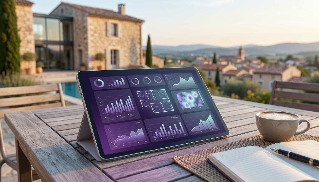Tablette numérique affichant un tableau de bord de statistiques immobilières détaillées, posée sur u